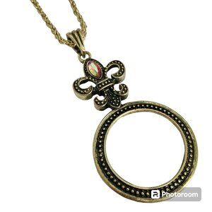 Gold Fleur de Lis Necklace 29" X-Long Magnifying Glass Vintage Plus Size Plated